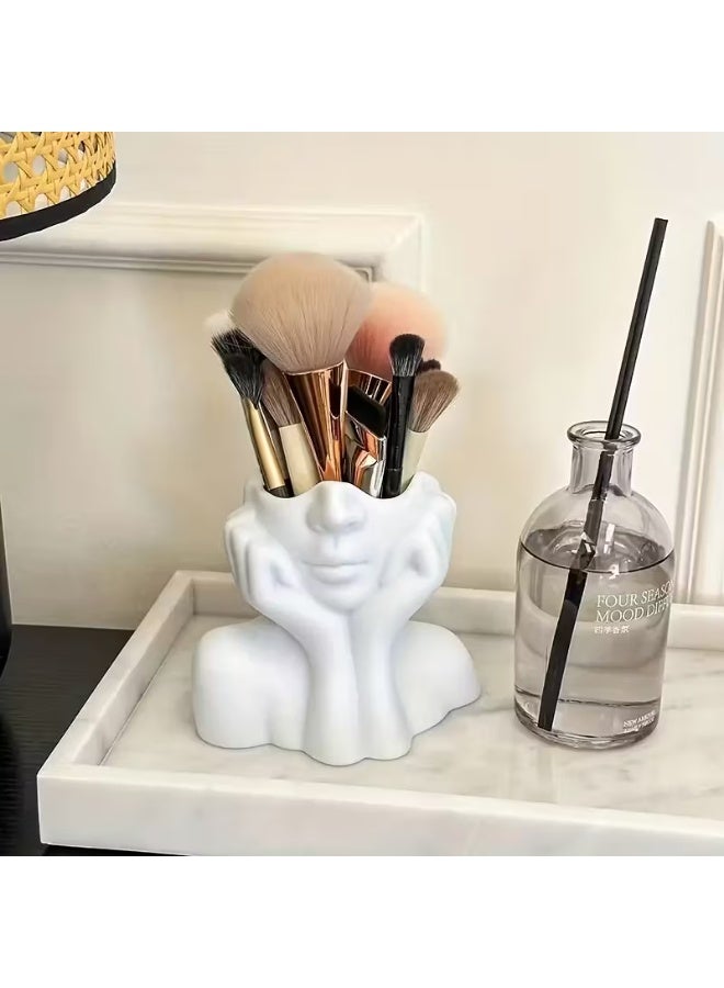 LANGMANNI A Cute Makeup Brush Storage Box Shaped Like a Human Face, Featuring a Minimalist White Design That Captures The Relaxed Vibe of a Resting Face. This Artistic Piece for Your Desk Combines Practicality with Aesthetic Appeal - Image 3
