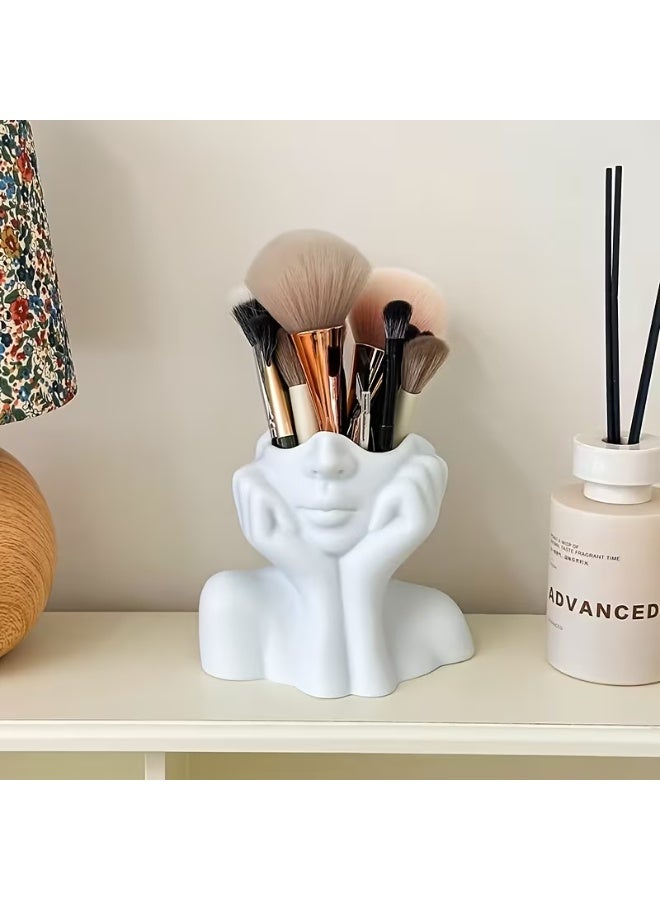 LANGMANNI A Cute Makeup Brush Storage Box Shaped Like a Human Face, Featuring a Minimalist White Design That Captures The Relaxed Vibe of a Resting Face. This Artistic Piece for Your Desk Combines Practicality with Aesthetic Appeal - Image 5
