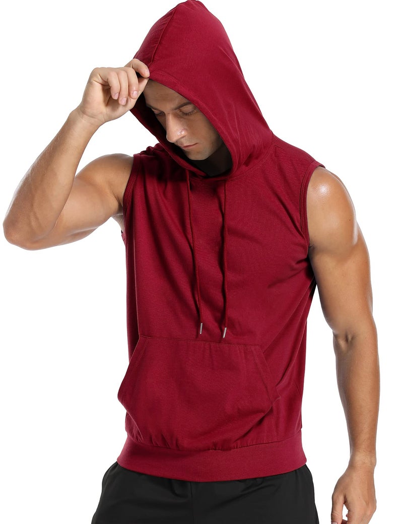 Amussiar Mens Tank Top with Hood Pocket Gym Hoodie Workout Sleeveless Muscle Shirt Wine Red - Image 2
