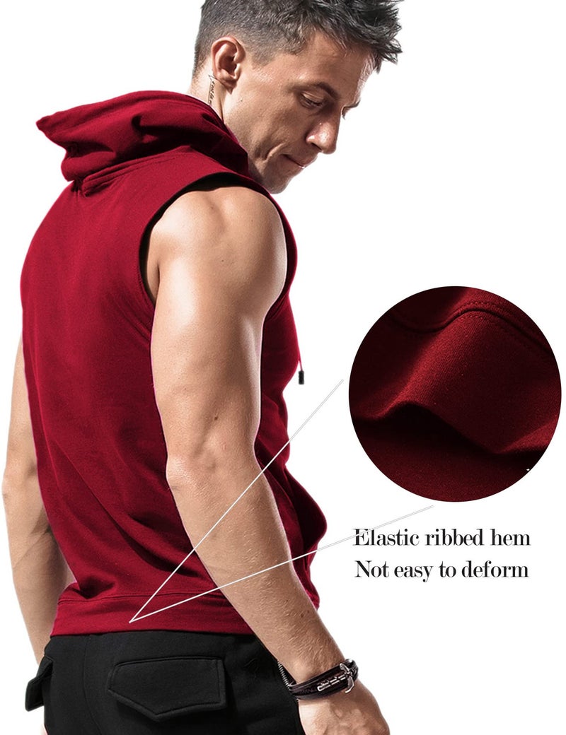 Amussiar Mens Tank Top with Hood Pocket Gym Hoodie Workout Sleeveless Muscle Shirt Wine Red - Image 3