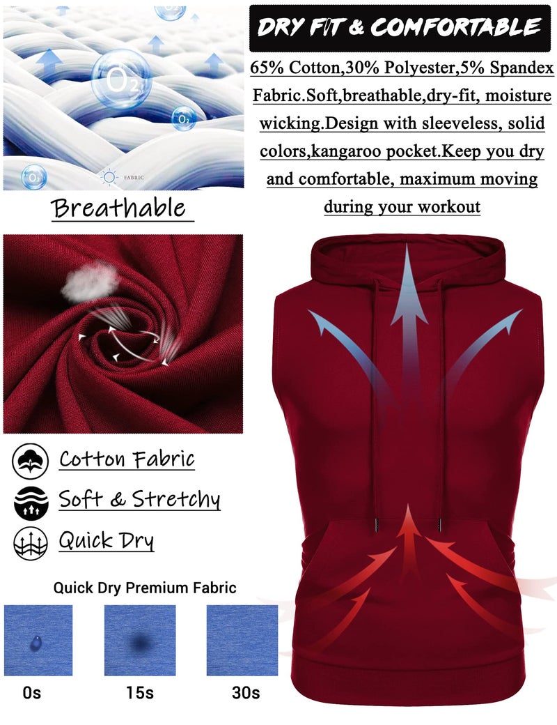 Amussiar Mens Tank Top with Hood Pocket Gym Hoodie Workout Sleeveless Muscle Shirt Wine Red - Image 4