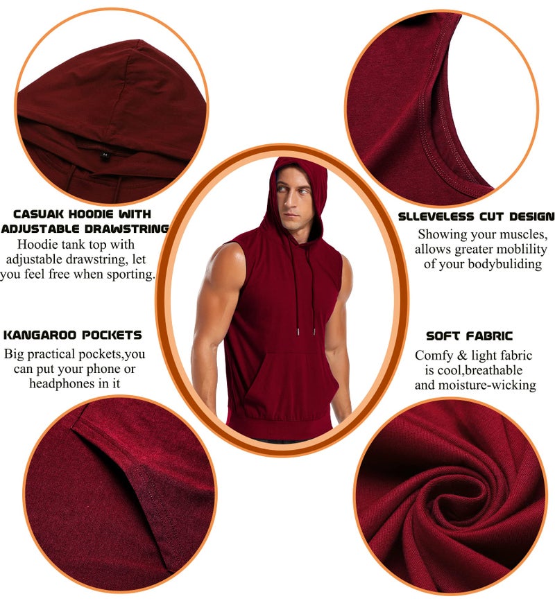 Amussiar Mens Tank Top with Hood Pocket Gym Hoodie Workout Sleeveless Muscle Shirt Wine Red - Image 5