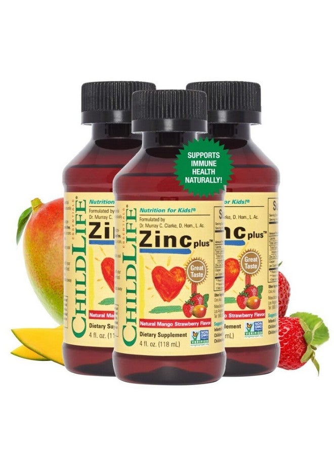 تشايلد لايف إسينشالز CHILDLIFE ESSENTIALS Liquid Zinc Plus - زنك للأطفال، مكملات الزنك، قطرات الزنك، سائل الزنك النقي، زنك للأطفال الصغار، جلوكونات الزنك والنحاس، دعم المناعة - مانجو فراولة، 4 أونصة سائلة (عبوة من 3 قطع) - Image 1