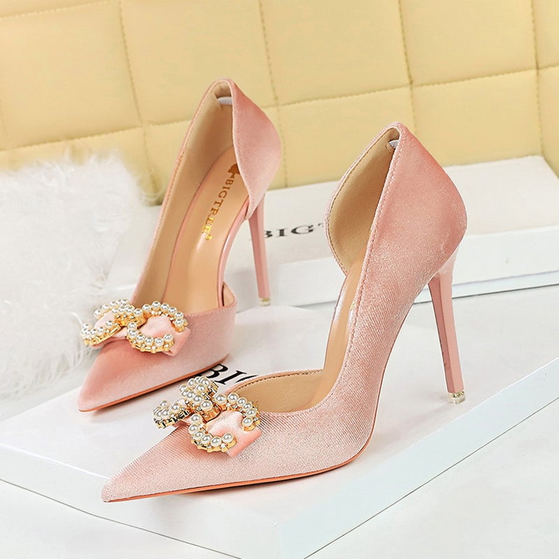 1363-K79 Banquet High Heels Shallow Mouth Pointed Toe Thickeneded Suede Side Cut Out Pearl Rhinestone Buckle Bow Shoes - Image 5