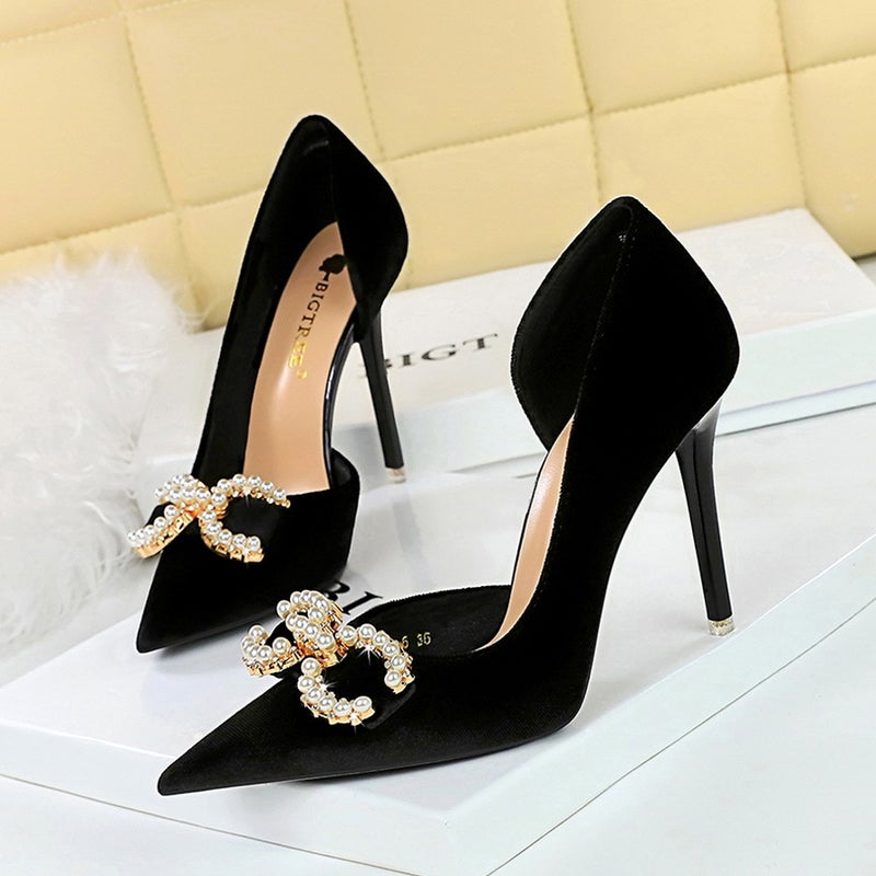 1363-K79 Banquet High Heels Shallow Mouth Pointed Toe Thickeneded Suede Side Cut Out Pearl Rhinestone Buckle Bow Shoes - Image 4