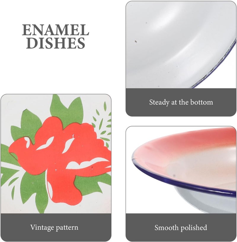 Hemoton 9pc Vintage Enamel Dinner Plates  Enamelware Enameled Steel Colorful Floral Pattern TraditionalVintage Style - Image 5
