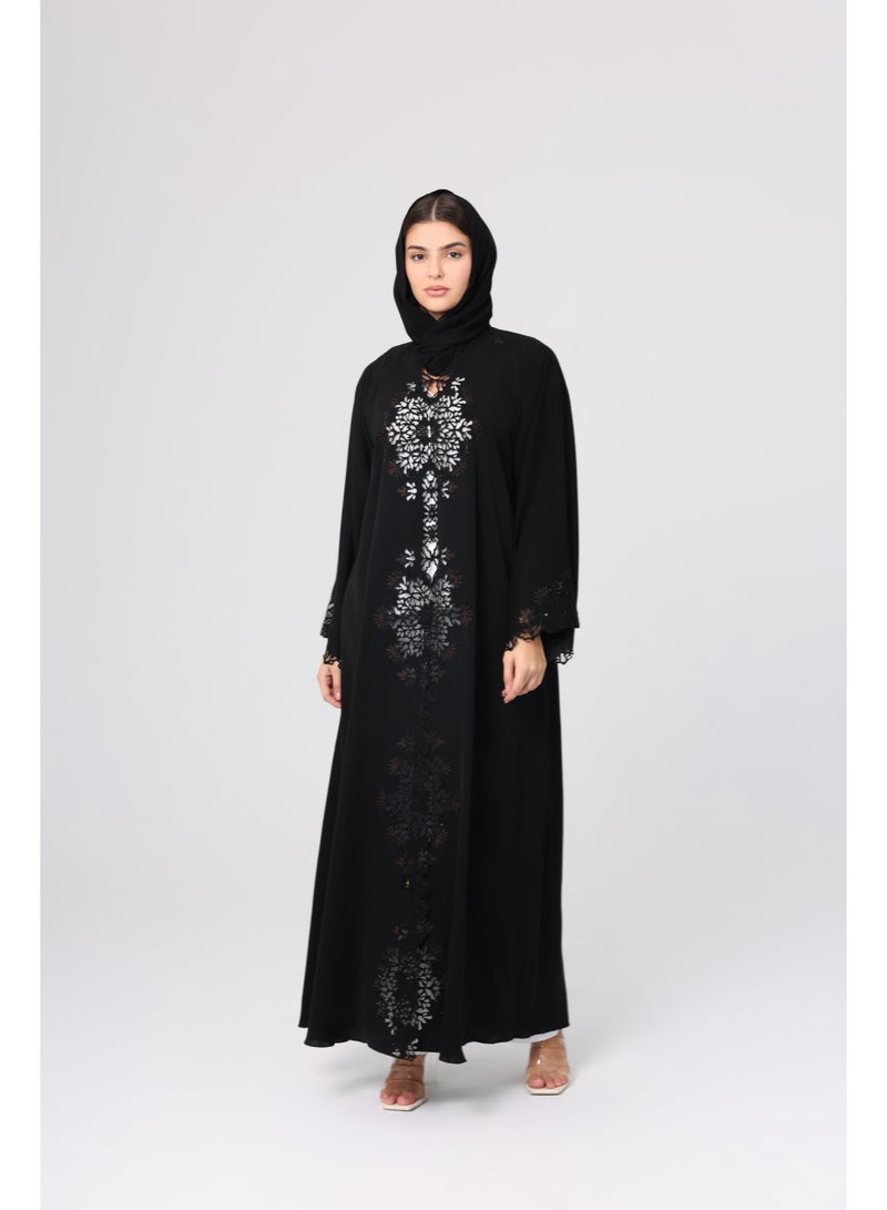 IKKXA Floral Cut Front Abaya Crystal Details ABY1130 - Image 1