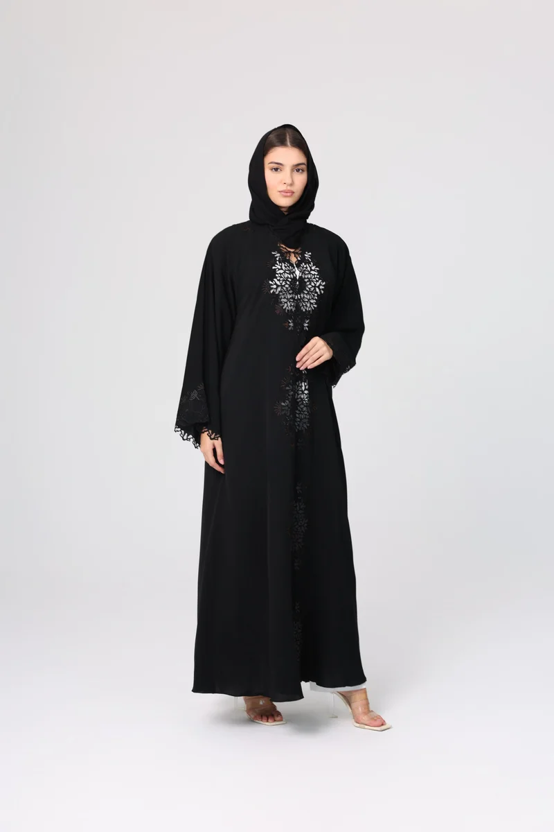 IKKXA Floral Cut Front Abaya Crystal Details ABY1130
