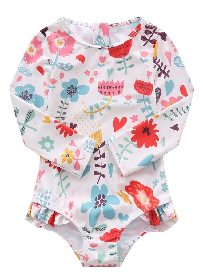 Mardonskey Toddler Girls Long Sleeve Bathing Suits One Piece Swimsuits for Kids Sun Protection Rash Guard Swim Shirts Hawaiian Floral Swan 3T - Image 1