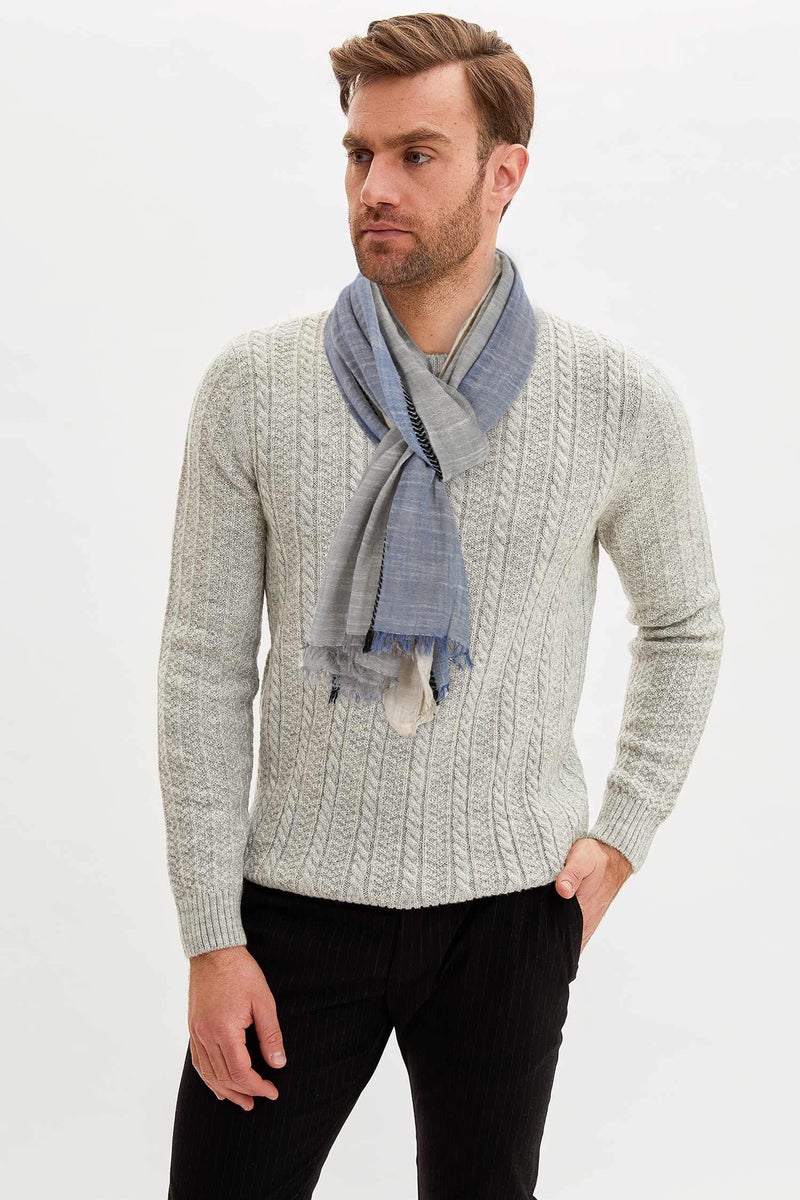 GERINLY Color Block Winter Scarf for Men Long Neck Wraps Shawl Urbanstyle Scarf Gift for Men Cotton Linen Scarf Gauze Scarves (Gray Blue Khaki) - Image 2