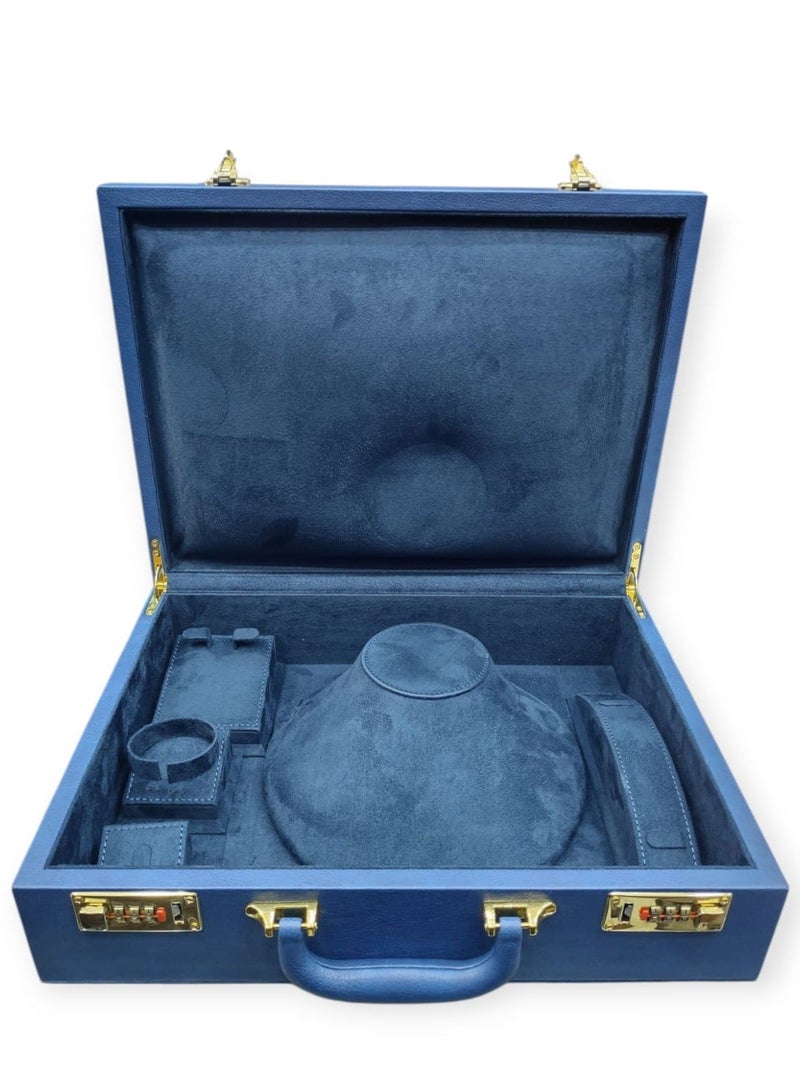 Al Seraj Jewelry Box Organizer for Women – Luxury Blue Leather Multi-Layer Jewellery Storage Case with Lock & Handle for Rings, Necklaces, Earrings, Bracelets & Bangles | Elegant Travel & Gift Display Box - Image 1