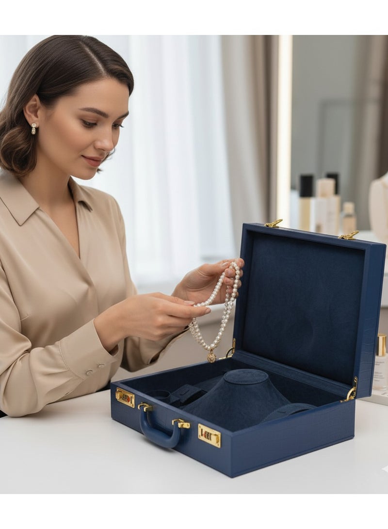 Al Seraj Jewelry Box Organizer for Women – Luxury Blue Leather Multi-Layer Jewellery Storage Case with Lock & Handle for Rings, Necklaces, Earrings, Bracelets & Bangles | Elegant Travel & Gift Display Box - Image 2