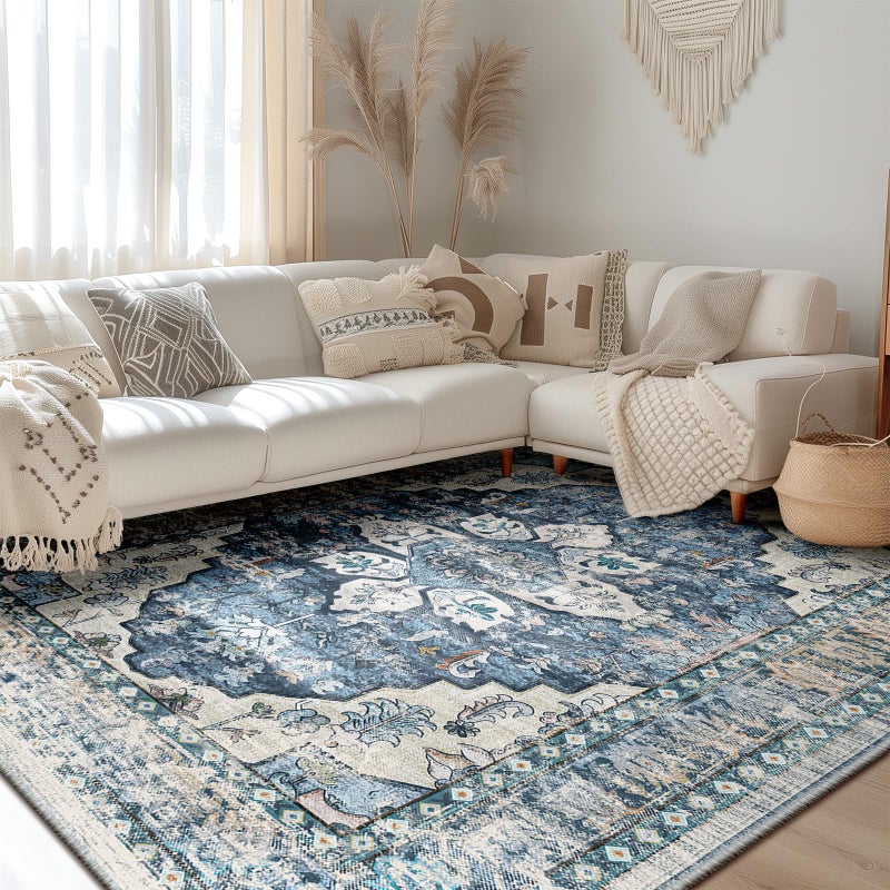 BESTSWEETIE 3x5 Entryway Rug 3 x 5 Boho Rugs Washable Rugs Non Slip Vintage Kitchen Rugs Carpet Door Mat for Indoor Entrance Distressed Floral Pattern  Blue Navy - Image 1