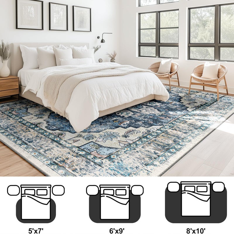 BESTSWEETIE 3x5 Entryway Rug 3 x 5 Boho Rugs Washable Rugs Non Slip Vintage Kitchen Rugs Carpet Door Mat for Indoor Entrance Distressed Floral Pattern  Blue Navy - Image 4