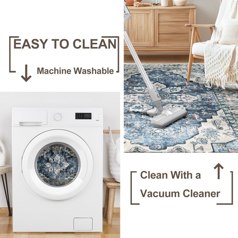 BESTSWEETIE 3x5 Entryway Rug 3 x 5 Boho Rugs Washable Rugs Non Slip Vintage Kitchen Rugs Carpet Door Mat for Indoor Entrance Distressed Floral Pattern  Blue Navy - Image 3