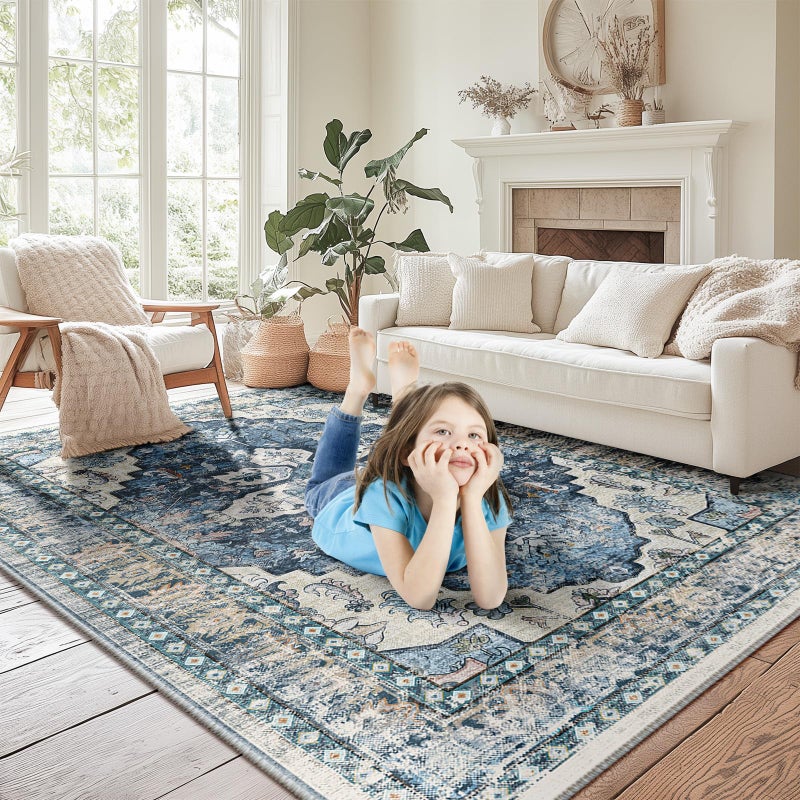 BESTSWEETIE 3x5 Entryway Rug 3 x 5 Boho Rugs Washable Rugs Non Slip Vintage Kitchen Rugs Carpet Door Mat for Indoor Entrance Distressed Floral Pattern  Blue Navy - Image 2