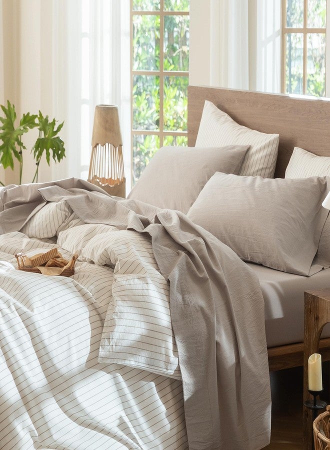 MooMee Bedding Sheet Set 100% Washed Cotton Linen Like Textured Breathable Durable Soft Comfy (Heathered Cream Grey, Full) - Image 1