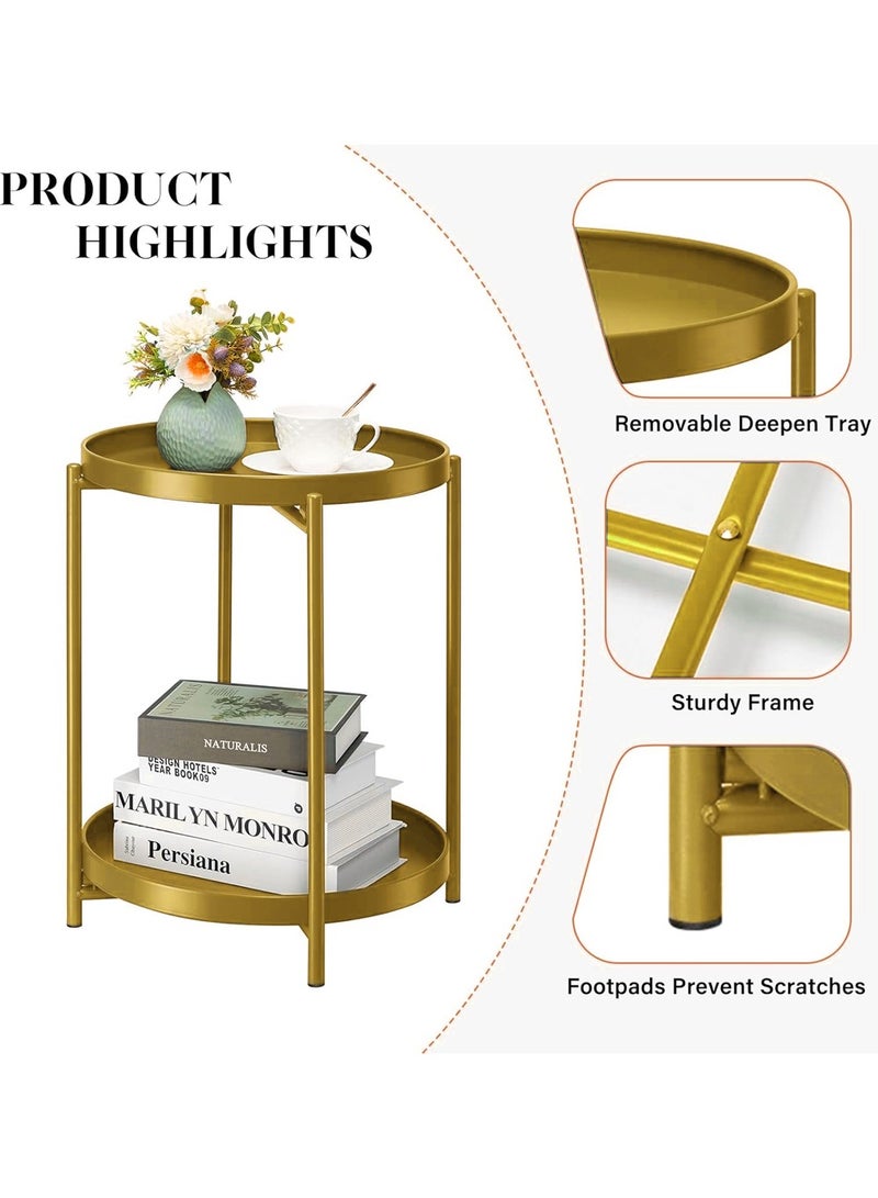 YOUGE 2-Tier Round Side Table, Metal End Table with Removable Tray, Small Outdoor Table Accent Table, Anti-Rust Black Nightstand for Bedroom Balcony Patio - Image 2
