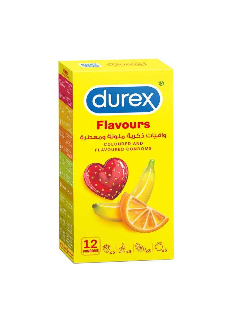 واقيات ذكرية ملونة ومنكهة للرجال: فراولة، موز، برتقال، تفاح - 12 قطعة