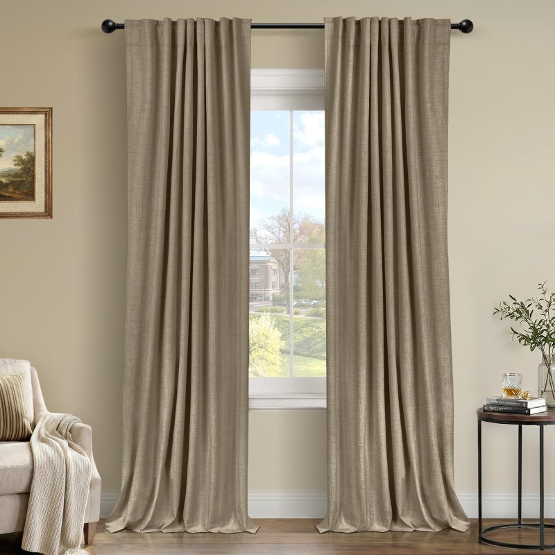 100% Blackout Shield Linen Blackout Curtains for Bedroom 108 Inches Long, Back Tab/Rod Pocket Living Room Drapes, Thermal Insulated Blackout Curtains 2 Panels Set, 50" W x 108" L, Plaza Taupe - Image 1