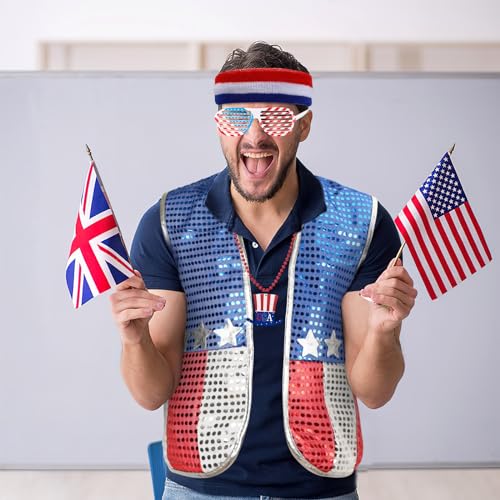 BOARDFEB 11 Pcs 4th of July Costume Patriotic Costume Accessories Set, American Patriotic Hat American Flag Headband Wristbands Vest Usa Sunglasses Necklaces Bow Ties Beard for Independence Day - Image 2
