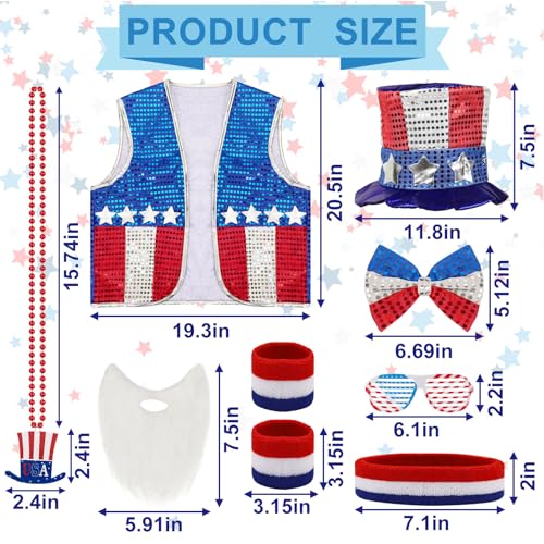 BOARDFEB 11 Pcs 4th of July Costume Patriotic Costume Accessories Set, American Patriotic Hat American Flag Headband Wristbands Vest Usa Sunglasses Necklaces Bow Ties Beard for Independence Day - Image 3