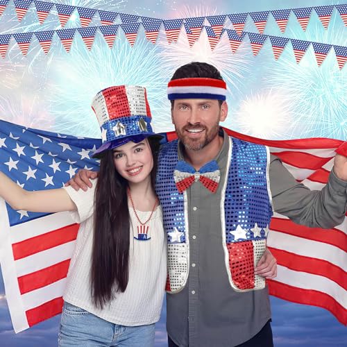 BOARDFEB 11 Pcs 4th of July Costume Patriotic Costume Accessories Set, American Patriotic Hat American Flag Headband Wristbands Vest Usa Sunglasses Necklaces Bow Ties Beard for Independence Day - Image 4