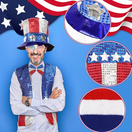 BOARDFEB 11 Pcs 4th of July Costume Patriotic Costume Accessories Set, American Patriotic Hat American Flag Headband Wristbands Vest Usa Sunglasses Necklaces Bow Ties Beard for Independence Day - Image 5