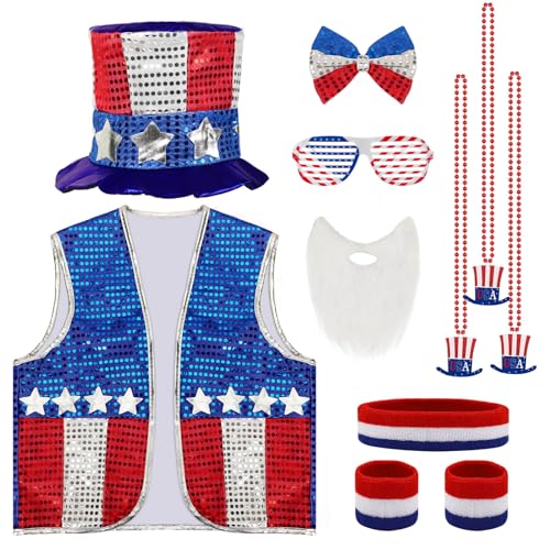 BOARDFEB 11 Pcs 4th of July Costume Patriotic Costume Accessories Set, American Patriotic Hat American Flag Headband Wristbands Vest Usa Sunglasses Necklaces Bow Ties Beard for Independence Day - Image 1