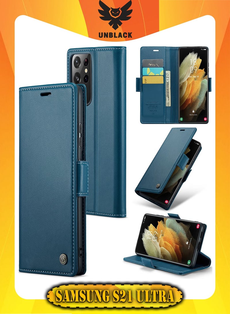 CaseMe Flip Wallet Case For Samsung Galaxy S21 Ultra, [RFID Blocking] PU Leather Wallet Flip Folio Case with Card Holder Kickstand Shockproof Phone Cover (Blue) - Image 1