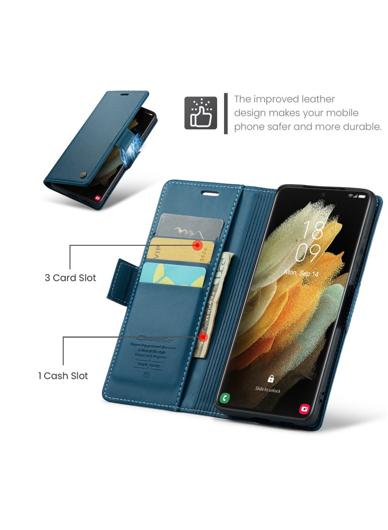 CaseMe Flip Wallet Case For Samsung Galaxy S21 Ultra, [RFID Blocking] PU Leather Wallet Flip Folio Case with Card Holder Kickstand Shockproof Phone Cover (Blue) - Image 5