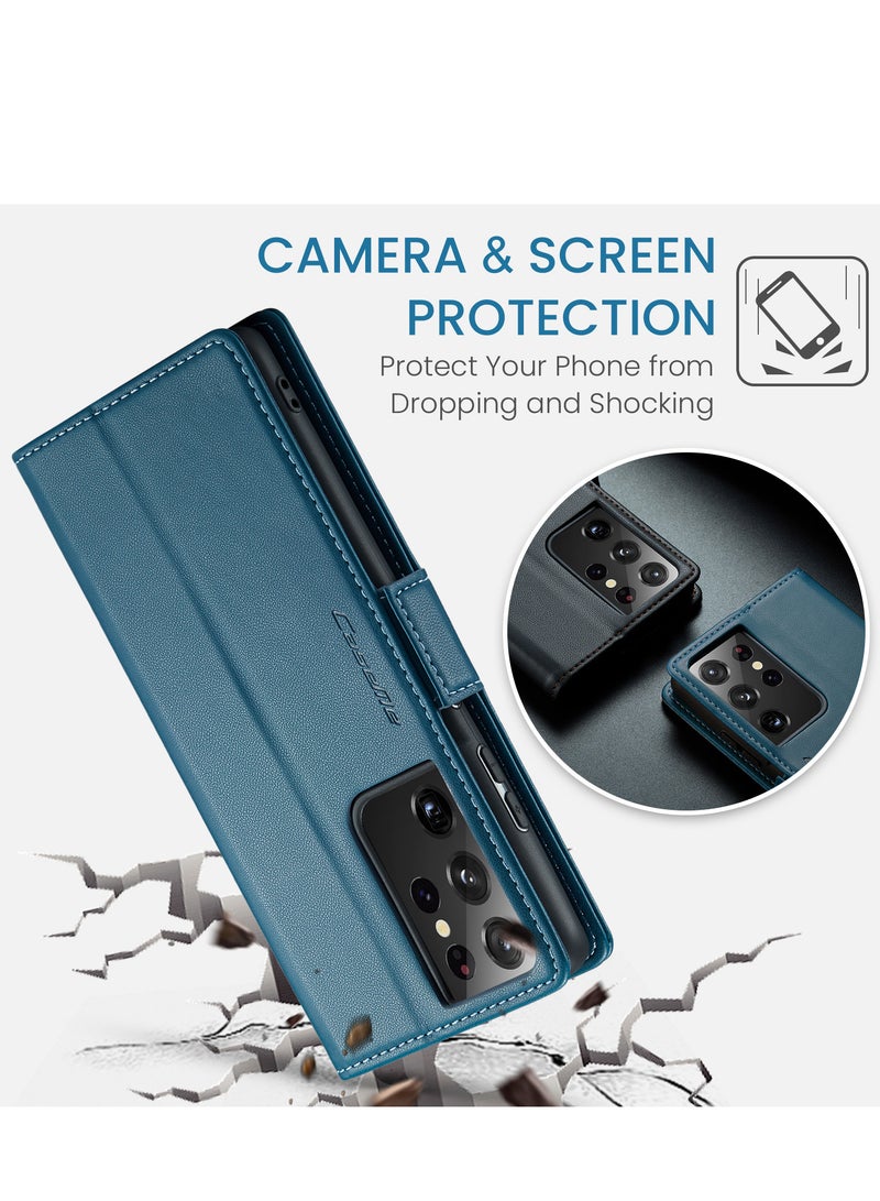 CaseMe Flip Wallet Case For Samsung Galaxy S21 Ultra, [RFID Blocking] PU Leather Wallet Flip Folio Case with Card Holder Kickstand Shockproof Phone Cover (Blue) - Image 3