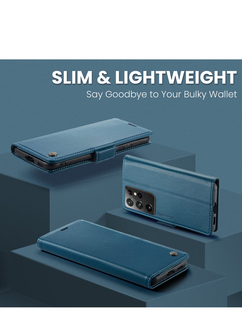 CaseMe Flip Wallet Case For Samsung Galaxy S21 Ultra, [RFID Blocking] PU Leather Wallet Flip Folio Case with Card Holder Kickstand Shockproof Phone Cover (Blue) - Image 4