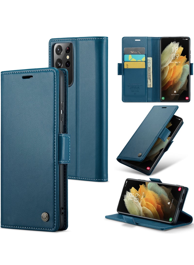 CaseMe Flip Wallet Case For Samsung Galaxy S21 Ultra, [RFID Blocking] PU Leather Wallet Flip Folio Case with Card Holder Kickstand Shockproof Phone Cover (Blue) - Image 2