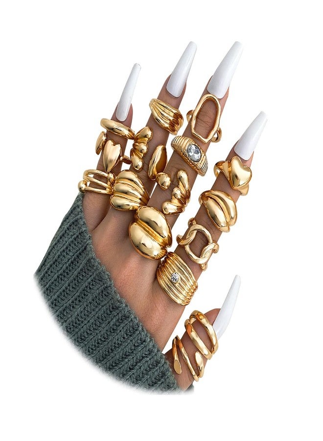 17 اي اف مجموعة من 16 خاتمًا ذهبيًا سميكًا للنساء، خواتم كلاسيكية مرصعة بالألماس قابلة للتعديل، مجموعة خواتم نسائية قابلة للتكديس، مثالية كهدية مجوهرات. - Image 1