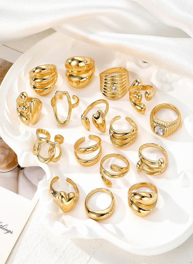 17 اي اف مجموعة من 16 خاتمًا ذهبيًا سميكًا للنساء، خواتم كلاسيكية مرصعة بالألماس قابلة للتعديل، مجموعة خواتم نسائية قابلة للتكديس، مثالية كهدية مجوهرات. - Image 3
