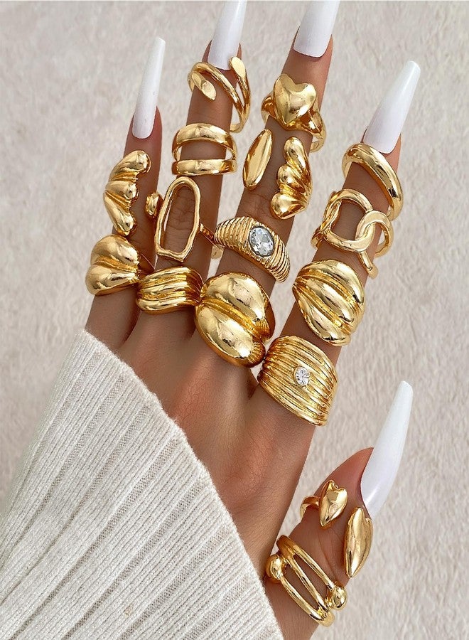 17 اي اف مجموعة من 16 خاتمًا ذهبيًا سميكًا للنساء، خواتم كلاسيكية مرصعة بالألماس قابلة للتعديل، مجموعة خواتم نسائية قابلة للتكديس، مثالية كهدية مجوهرات. - Image 4