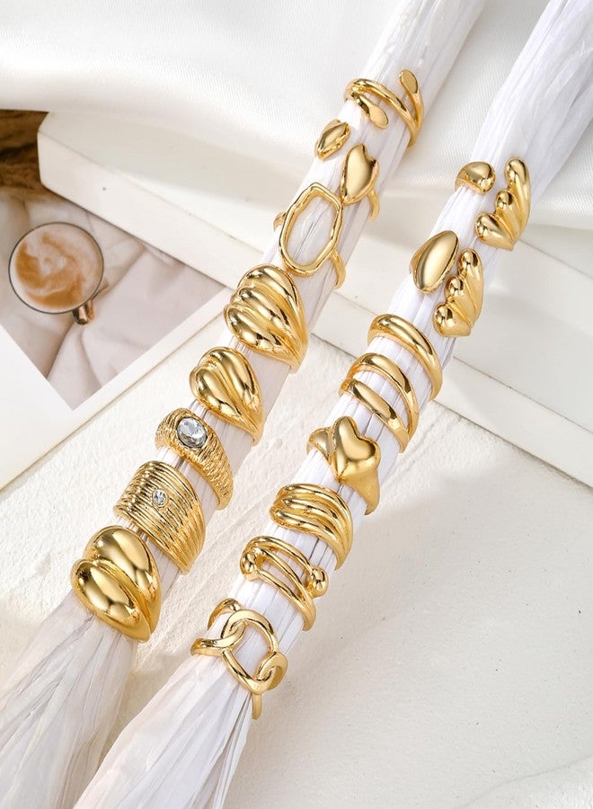 17 اي اف مجموعة من 16 خاتمًا ذهبيًا سميكًا للنساء، خواتم كلاسيكية مرصعة بالألماس قابلة للتعديل، مجموعة خواتم نسائية قابلة للتكديس، مثالية كهدية مجوهرات. - Image 5