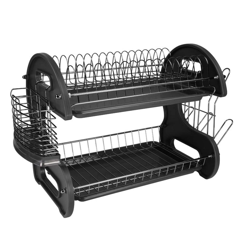 Home Basics Home Basics Plastic 2Tier Dish Drainer Rack Air Drying and Organizing Dishes Side Mounted Cutlery Holder Black 