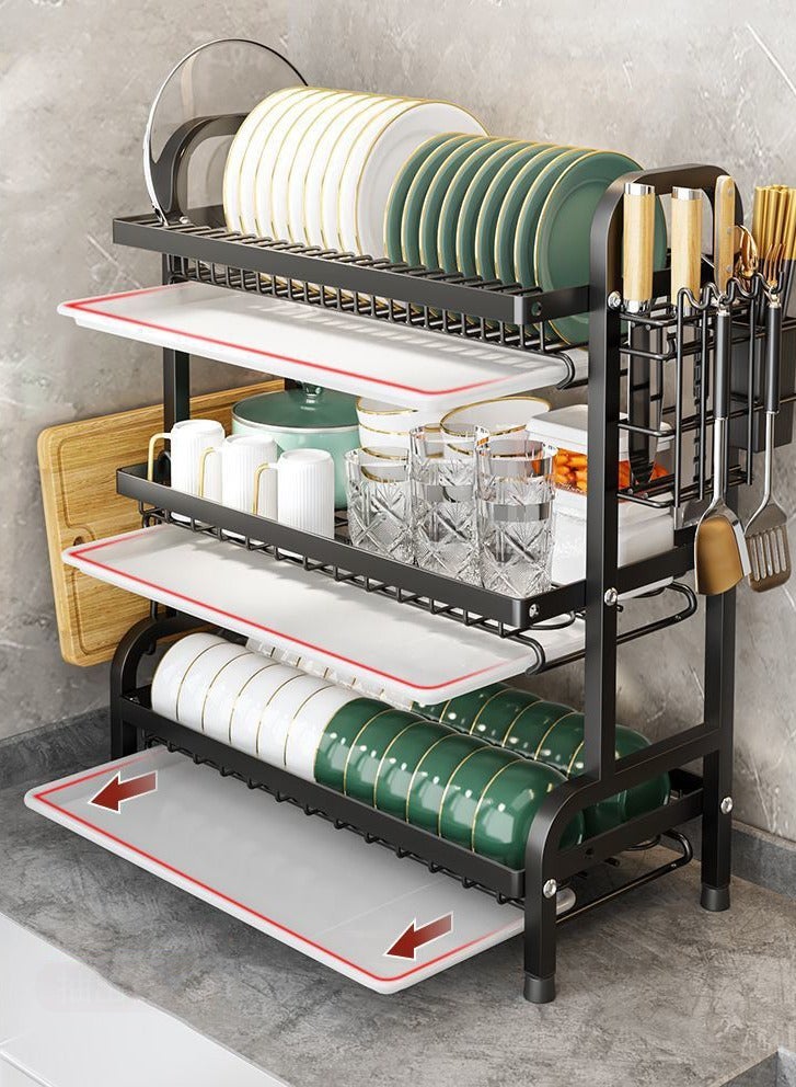  CityRiya-Long رف تجفيف الأطباق ، رف طبق لأطباق المطبخ ، رف طبق أسود كبير مع لوحة تصريف وحامل أواني ، 3 طبقات من الصدأ ، رف تخزين منظمي المطبخ ، رف تجفيف الأطباق للأطباق ، الأوعية - Image 3