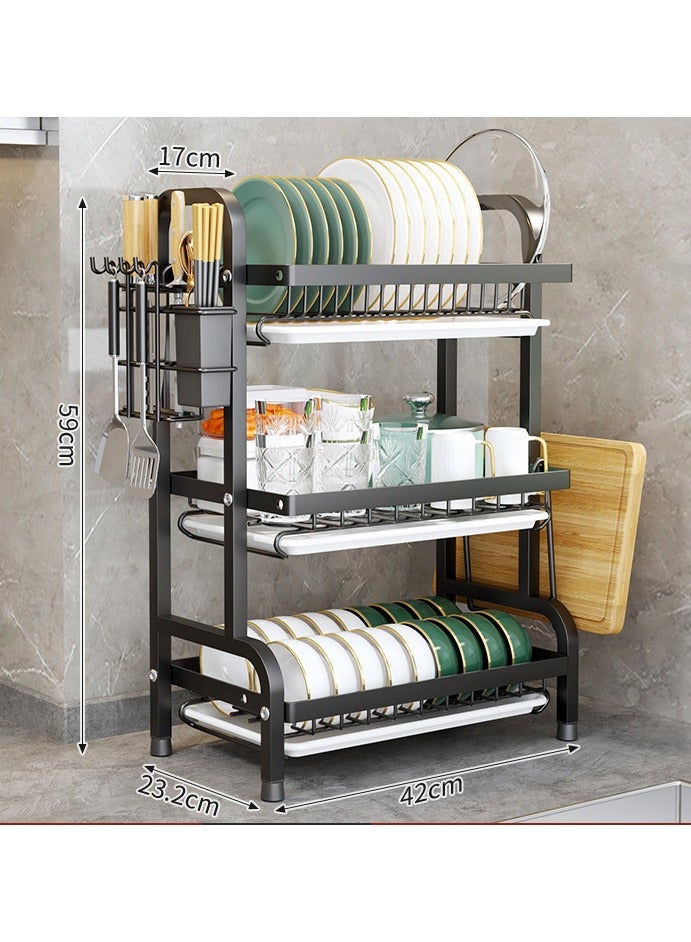  CityRiya-Long رف تجفيف الأطباق ، رف طبق لأطباق المطبخ ، رف طبق أسود كبير مع لوحة تصريف وحامل أواني ، 3 طبقات من الصدأ ، رف تخزين منظمي المطبخ ، رف تجفيف الأطباق للأطباق ، الأوعية - Image 4