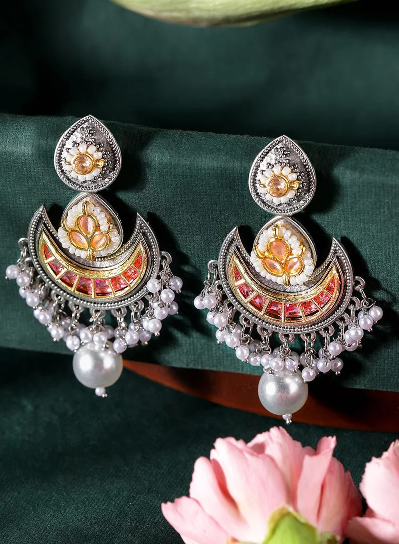ISHIN Pink Colour Metallic Grey Plated Beaded Chandbali Earring