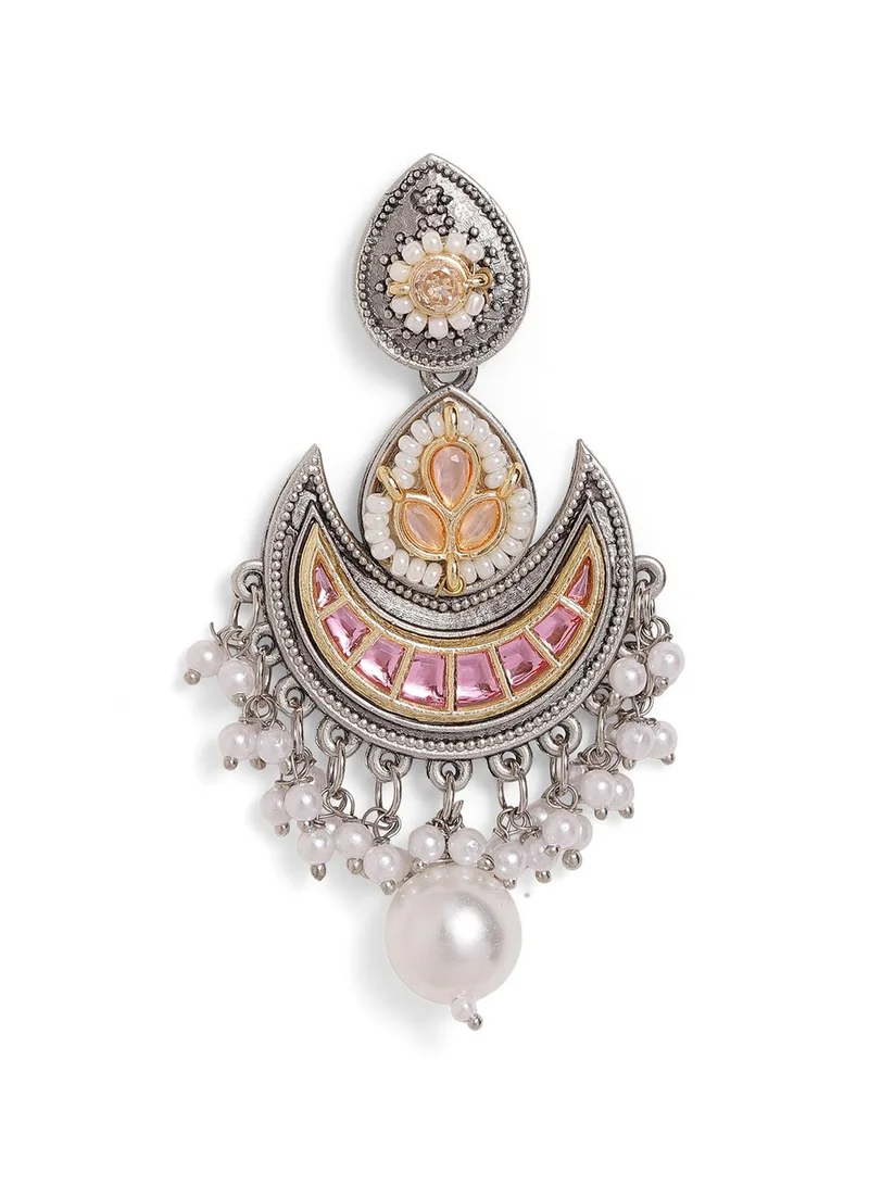 Ishin  Pink Colour Metallic Grey Plated Beaded Chandbali Earring for Women | Best Price UAE