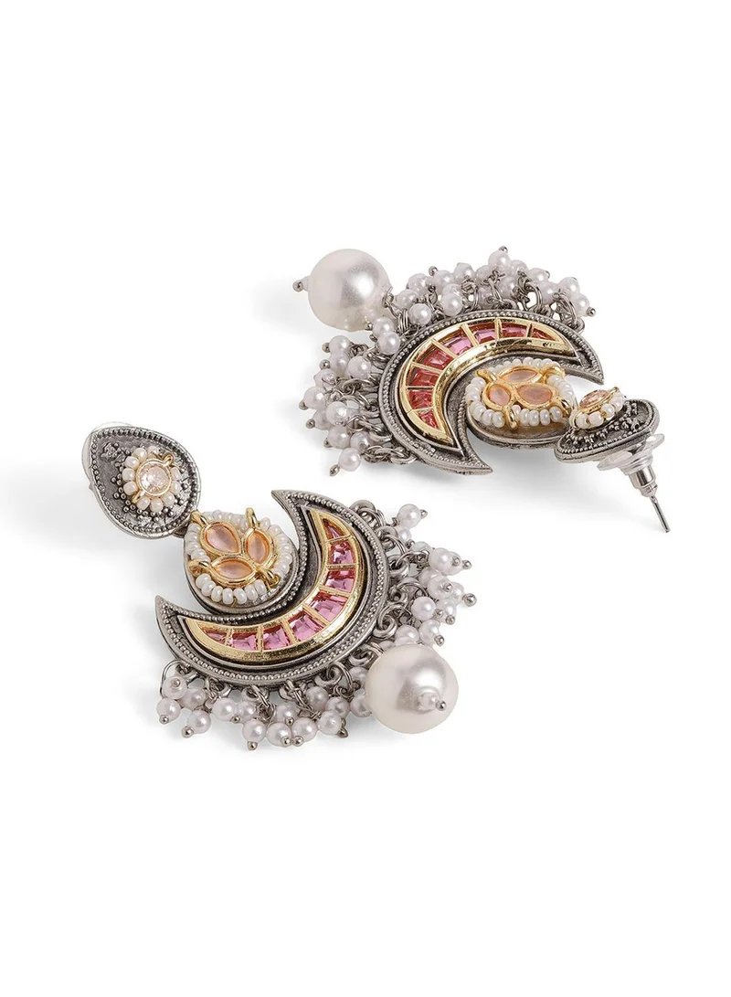 Ishin  Pink Colour Metallic Grey Plated Beaded Chandbali Earring for Women | Best Price UAE
