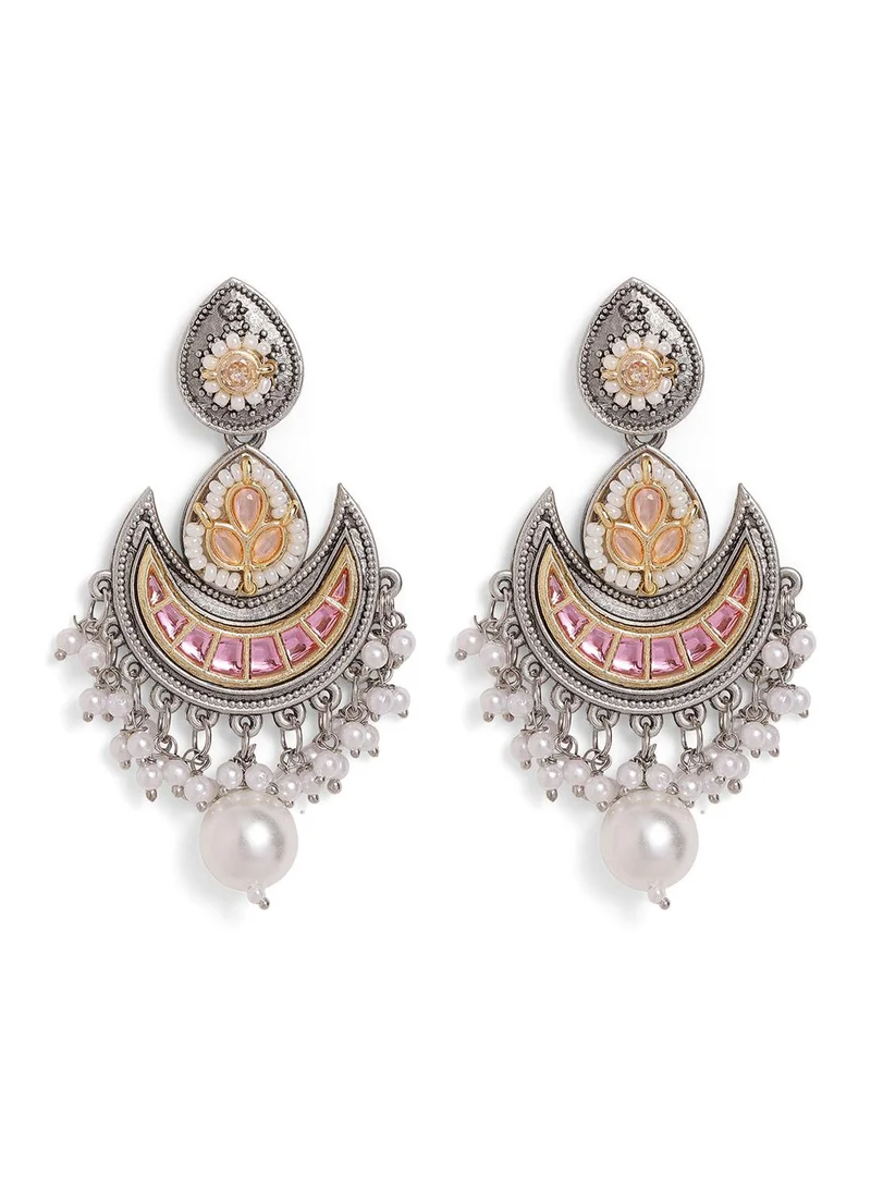 Ishin  Pink Colour Metallic Grey Plated Beaded Chandbali Earring for Women | Best Price UAE