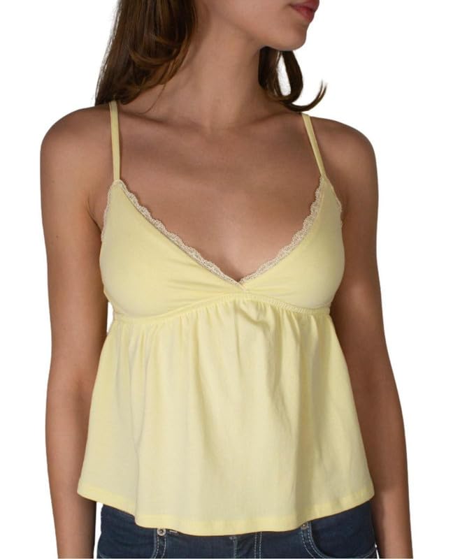 Women Y2k Babydoll Tank Tops Lace Trim V Neck Crop Cami Spaghetti Strap Peplum Top Summer Cute Aesthetic Flowy Shirts (Peplum Light Yellow, S)
