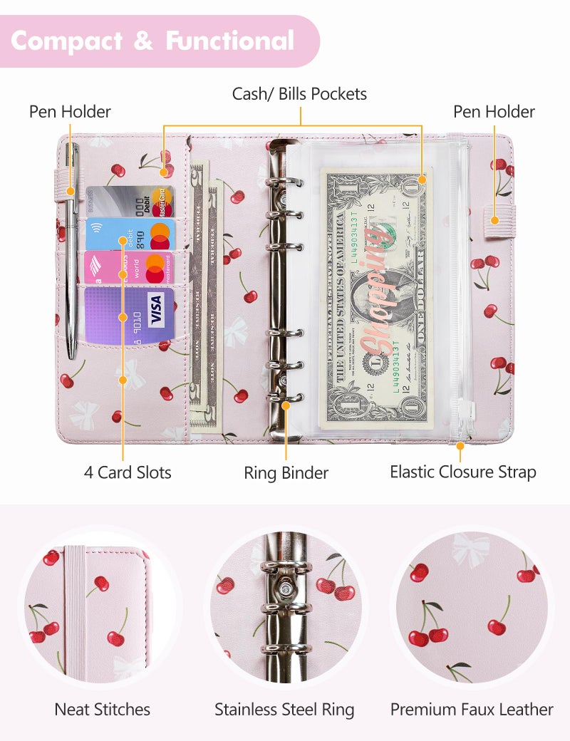 Zreal A6 Budget Binder for Money Saving, PU Leather Budget Planner with 8 Cash Envelopes, Budget Sheets & Rose Gold Category Stickers, Money Organizer for Cash (Pink Cherry) - Image 3