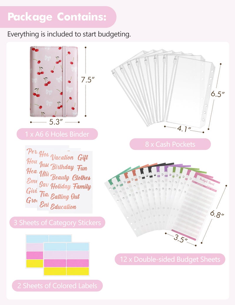 Zreal A6 Budget Binder for Money Saving, PU Leather Budget Planner with 8 Cash Envelopes, Budget Sheets & Rose Gold Category Stickers, Money Organizer for Cash (Pink Cherry) - Image 2