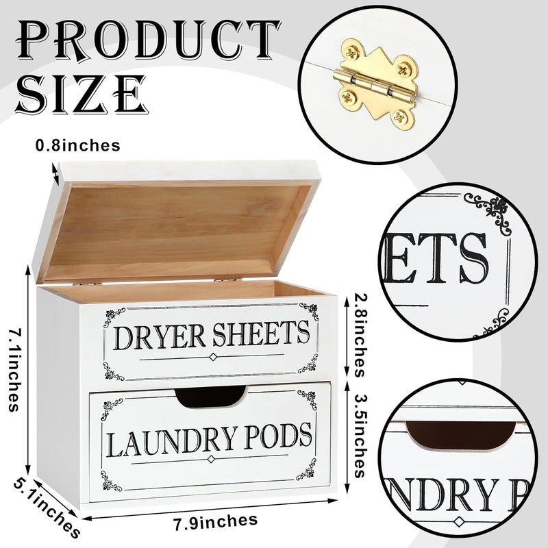 Tatuo Dryer Sheet Holder with Hinged Lid Farmhouse Dryer Sheet Dispenser Rustic Container Box Laundry Room Decor for Laundry Room Organization Fabric Pods, White - Image 3