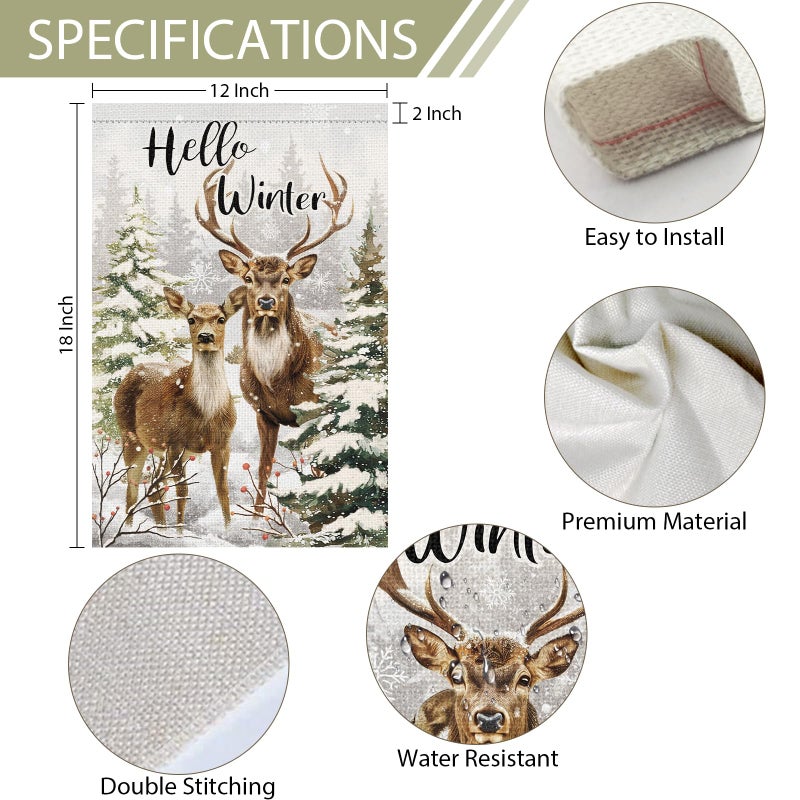 Heyfibro Hello Winter Deer Garden Flag 12x18 Inch Double Sided Burlap, Christmas Snowflake Snow Elk Yard Flags for Seasonal Xmas Outside Outdoor Decoration (ONLY FLAG) - Image 4